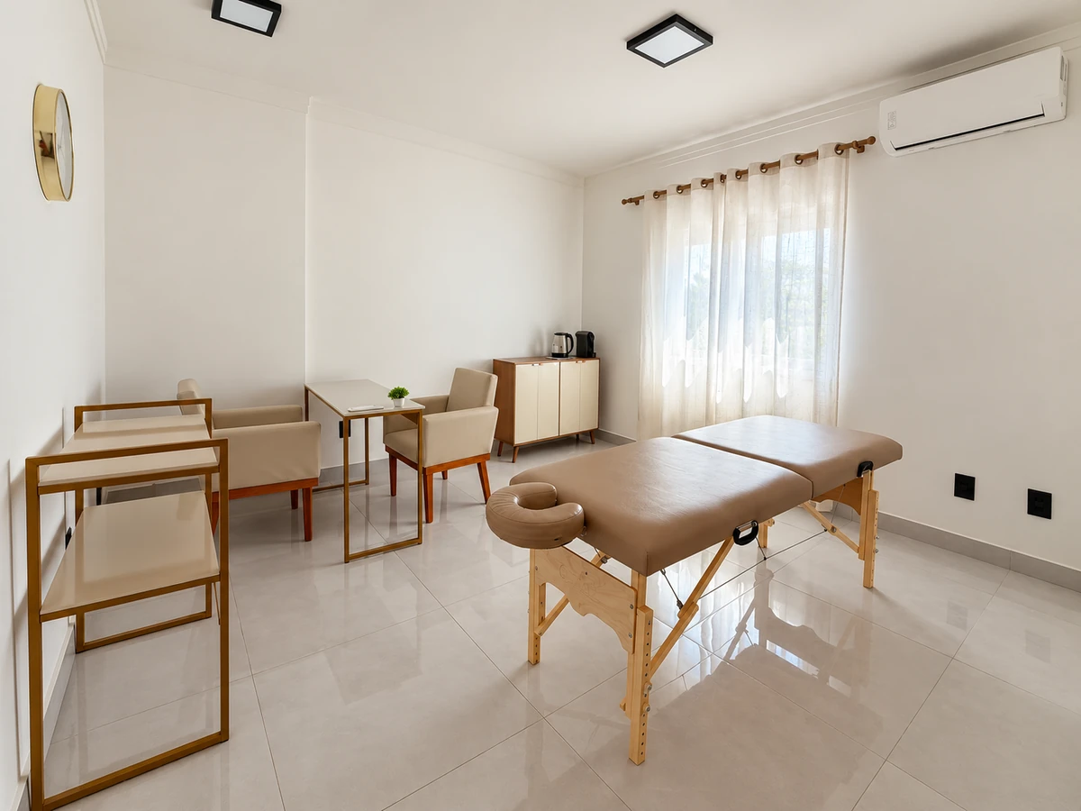 Sala de atendimento da Clínica Albuquerque, com maca e área de consulta
